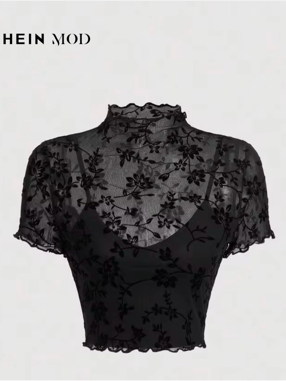 SHEIN Black Floral Mesh Crop Top